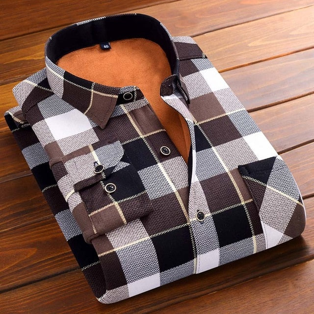 Aoliwen 2019 Fashion Men's Slim Shirts Autumn And Winter Thickening Warm Plaid 24 Colors Male Social Shirt Clothing Size M-5Xl