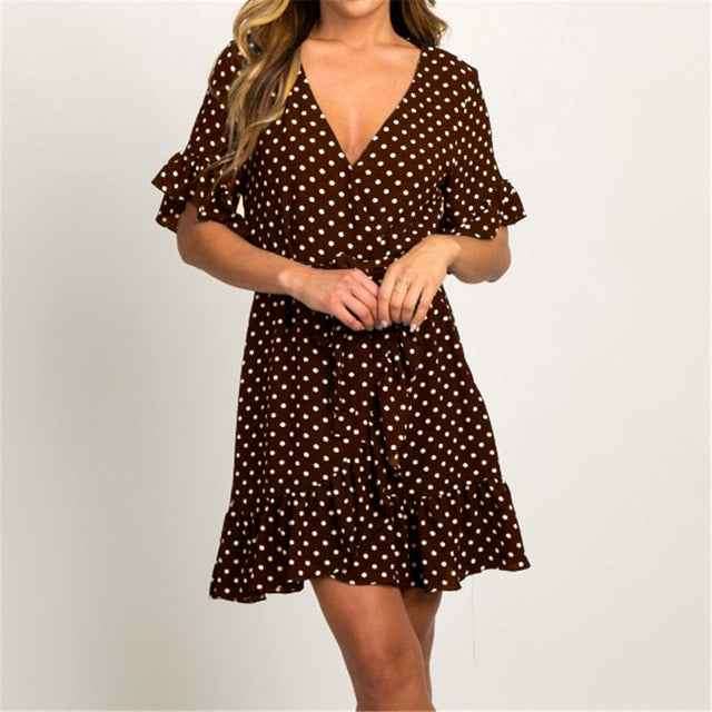 Summer Dress 2020 Boho Style Beach Dress Fashion Short Sleeve V-neck Polka Dot A-line Party Dress Sundress Vestidos