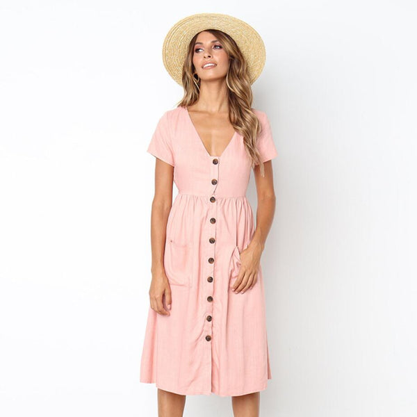 Women's Fashion Summer Short Sleeve V Neck Button Down Swing Midi Dress With Pockets Ladies Beach Dress Women Sundress Vestidos