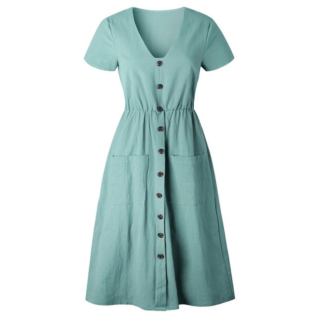 Women's Fashion Summer Short Sleeve V Neck Button Down Swing Midi Dress With Pockets Ladies Beach Dress Women Sundress Vestidos