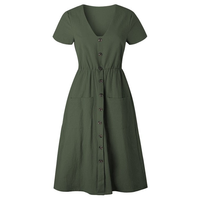 Women's Fashion Summer Short Sleeve V Neck Button Down Swing Midi Dress With Pockets Ladies Beach Dress Women Sundress Vestidos
