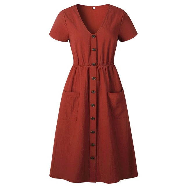 Women's Fashion Summer Short Sleeve V Neck Button Down Swing Midi Dress With Pockets Ladies Beach Dress Women Sundress Vestidos