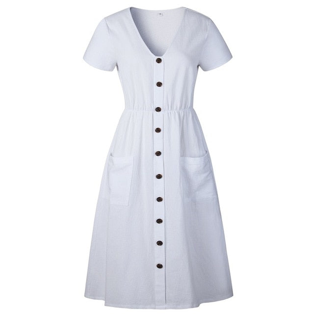 Women's Fashion Summer Short Sleeve V Neck Button Down Swing Midi Dress With Pockets Ladies Beach Dress Women Sundress Vestidos