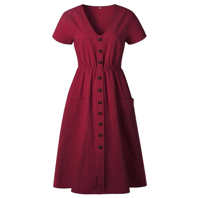 Women's Fashion Summer Short Sleeve V Neck Button Down Swing Midi Dress With Pockets Ladies Beach Dress Women Sundress Vestidos