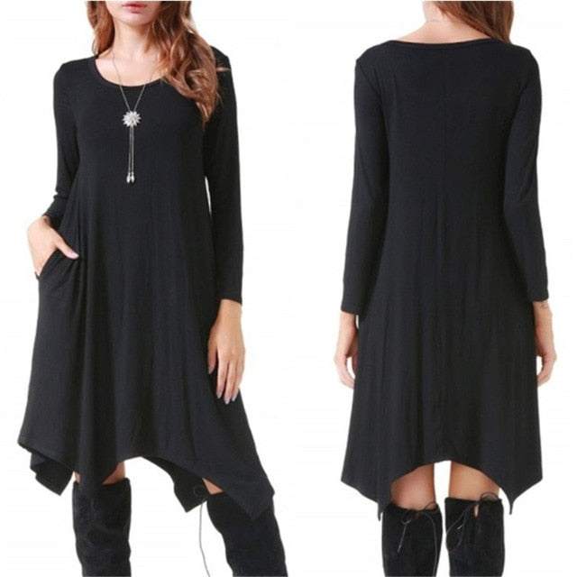 Autumn Winter Cotton Dress Women Long Sleeve Irregular Loose Dress Casual Black Dress Plus Size mini Dress Fashion Clothing 3XL