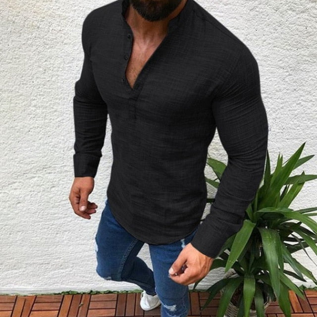 2019 Sexy New Men Long Sleeves Blouse Summer Fashion Casual Cool Clothing Slim Fit Tees Tops Male Breathable Linen Shirt