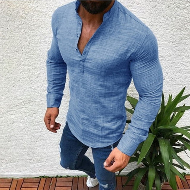 2019 Sexy New Men Long Sleeves Blouse Summer Fashion Casual Cool Clothing Slim Fit Tees Tops Male Breathable Linen Shirt