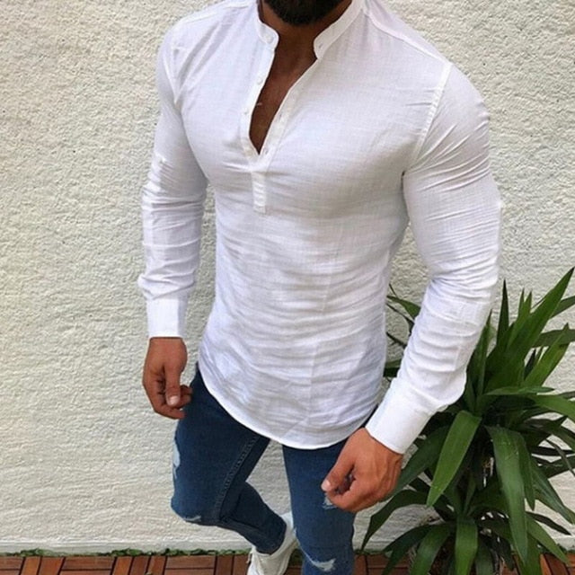 2019 Sexy New Men Long Sleeves Blouse Summer Fashion Casual Cool Clothing Slim Fit Tees Tops Male Breathable Linen Shirt