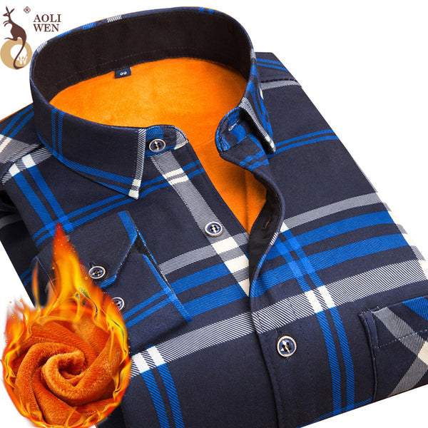 Aoliwen 2019 Fashion Men's Slim Shirts Autumn And Winter Thickening Warm Plaid 24 Colors Male Social Shirt Clothing Size M-5Xl